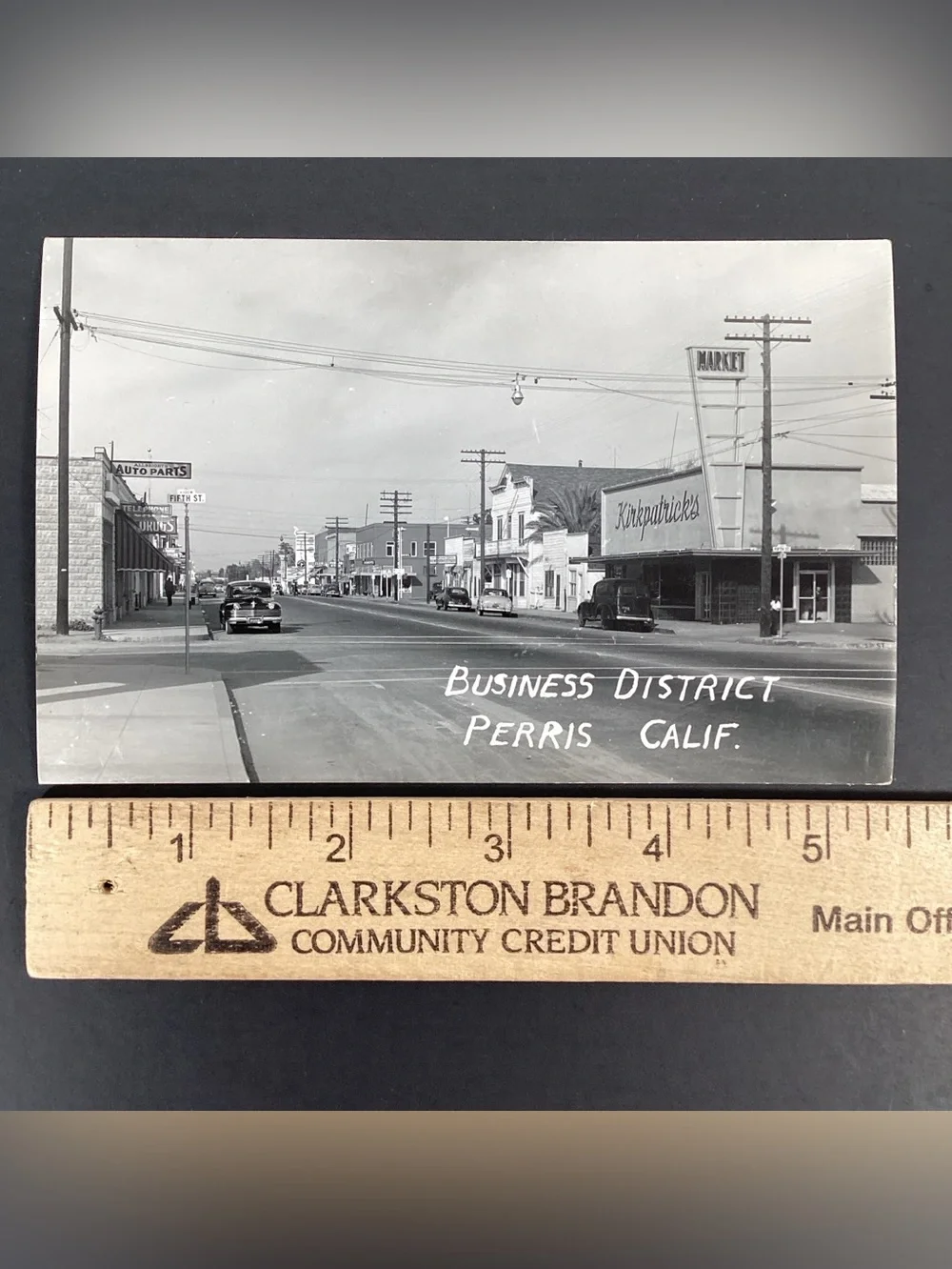 RPPC Business District Perris California Black & White Postcard Downtown 1940s